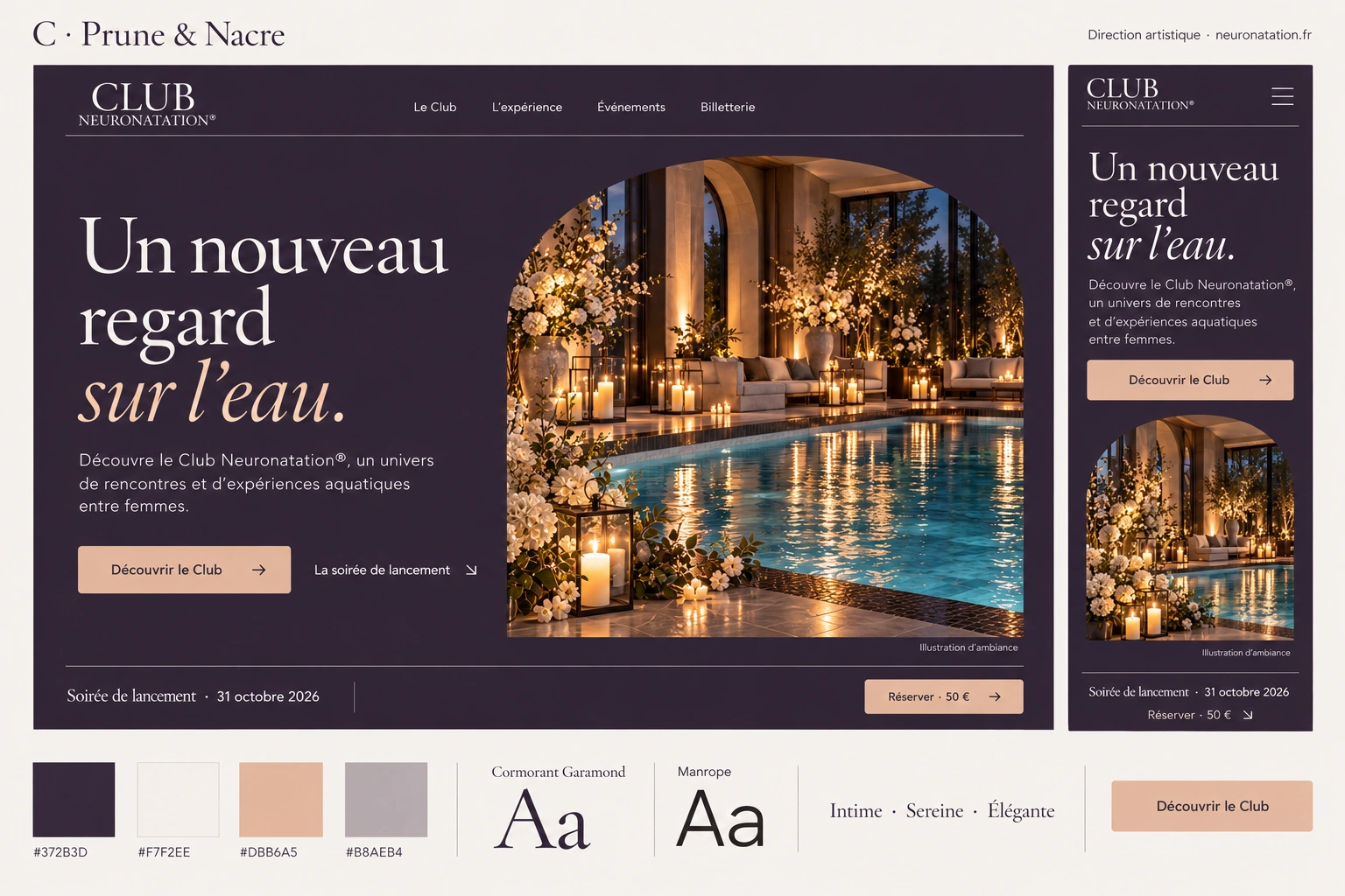 Proposition C : accueil du Club en prune feutré, grands titres nacrés et boutons pêche, piscine et lumières chaudes, déclinaison mobile et palette.
