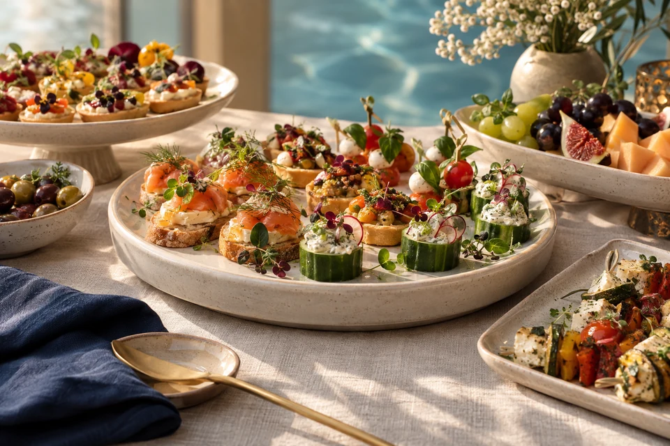Illustration d’ambiance d’un buffet garni de bouchées et de fruits, sur une table aux accents bleu marine et champagne.